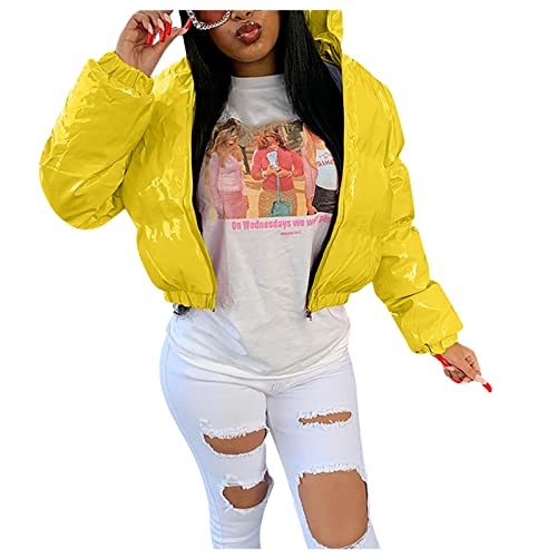 Dream Room Puffer Jacke Einfarbige Winterjacke Warm Stehkragen Übergangsjacke Glänzend Daunenjacke Kurz Geschnitten Wattierte Steppjacke Female Baumwolljacke Mantel Herbst Outdoorjacke,AB-Yellow von Dream Room