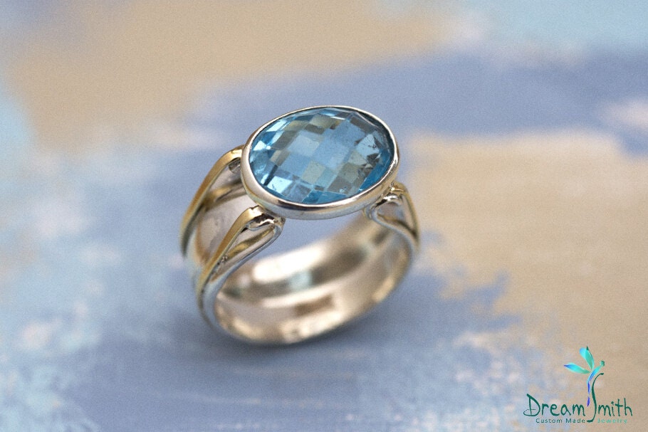 14K Gold Und Sterling Silber Ring Mit Facettierter Blautopas von DreamSmithJewelry