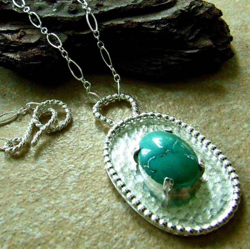 sterling Silber Blau Türkis Halskette - Großer Oval Anhänger Aus Metall Einzigartiger Schmuck von DreamSpiralArt