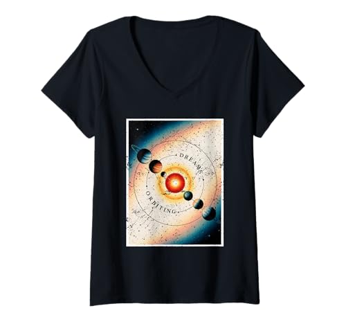 Damen Orbiting Dreams Solar Sys Retro Planetary Dreamy Space T-Shirt mit V-Ausschnitt von DreamTrack