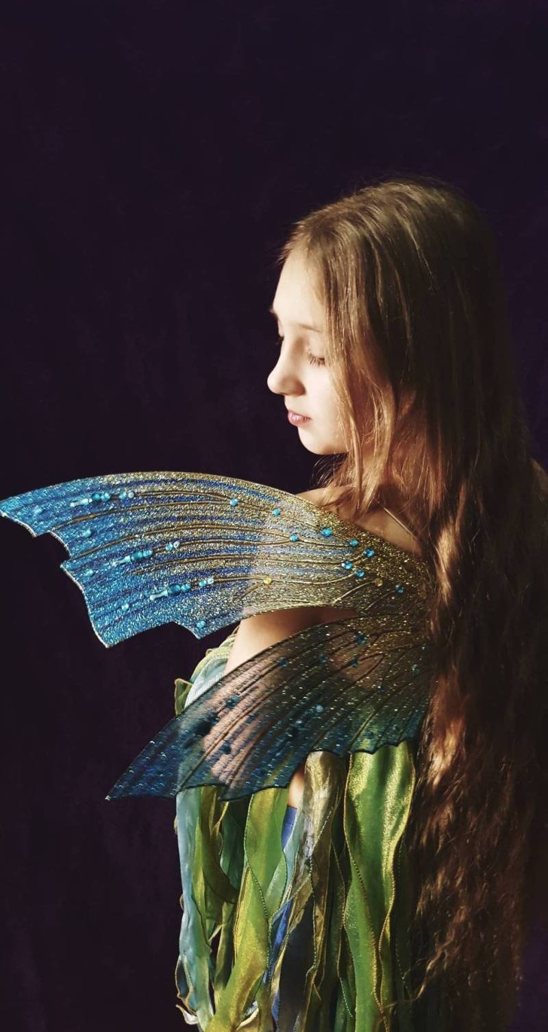 Große Gold Blaue Set Schimmernde Schmetterlingsflügel Mit Vielen Strasssteinen Feenkostüm Kostümflügel Schmetterling Für Geburtstag Blumenmädchen von DreamWingsUA