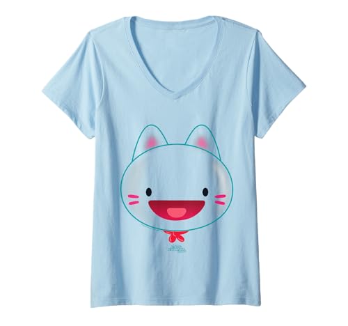 Damen DreamWorks Gabby’s Dollhouse Blue Cat Big Face T-Shirt mit V-Ausschnitt von DreamWorks Gabby’s Dollhouse