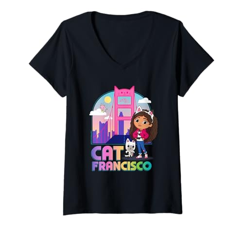 Damen DreamWorks Gabby’s Dollhouse The Movie Cat Francisco Bridge T-Shirt mit V-Ausschnitt von DreamWorks Gabby’s Dollhouse
