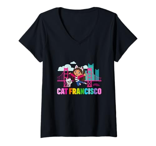Damen DreamWorks Gabby’s Dollhouse The Movie Cat Francisco Rainbow T-Shirt mit V-Ausschnitt von DreamWorks Gabby’s Dollhouse