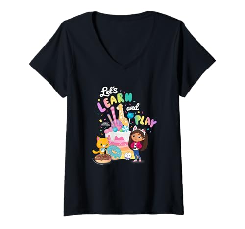 Damen DreamWorks Gabby’s Dollhouse The Movie Learn and Play T-Shirt mit V-Ausschnitt von DreamWorks Gabby’s Dollhouse