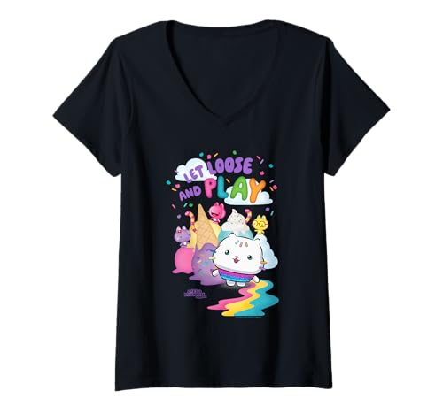 Damen DreamWorks Gabby’s Dollhouse The Movie Let Loose and Play T-Shirt mit V-Ausschnitt von DreamWorks Gabby’s Dollhouse