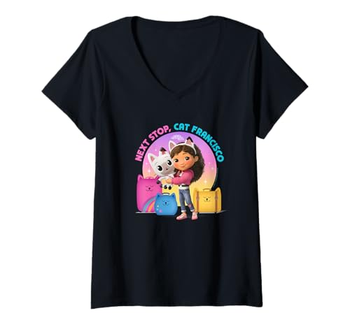 Damen DreamWorks Gabby’s Dollhouse The Movie Next Cat Francisco T-Shirt mit V-Ausschnitt von DreamWorks Gabby’s Dollhouse