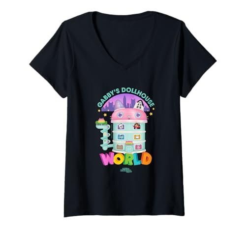 Damen DreamWorks Gabby’s Dollhouse The Movie Tower of Fun T-Shirt mit V-Ausschnitt von DreamWorks Gabby’s Dollhouse