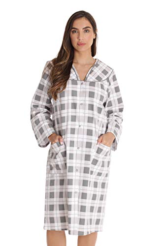 Dreamcrest Damen Hausmantel mit Druckknöpfen, Flanell, Staubwedel mit Taschen, Kariert, Grau, X-Large von Dreamcrest