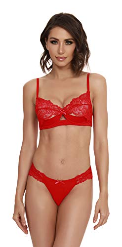 Dreamgirl Damen Silky Microfiber Underwire Shelf Bra and G-String Dessous-Set, Rot-Lipstick Red, Groß von Dreamgirl