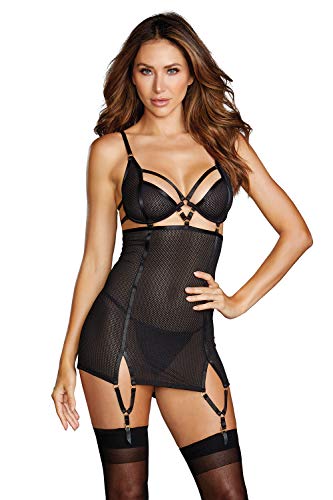 Dreamgirl. Frauen Dessous Garter Dress Strapskleid in schwarz transparent mit Bügel Cups, Ringen, Strumpfhalter und String Größe: L von Dreamgirl.