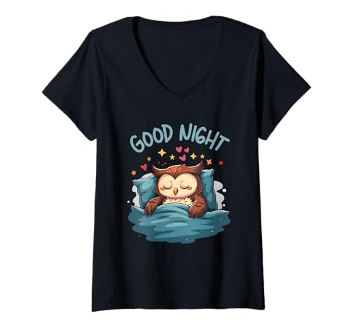Damen Niedliche schläfrige Eule Gute Nacht Schlafenszeit Illustration T-Shirt mit V-Ausschnitt Damen Niedliche schläfrige Eule Gute Nacht Schlafenszeit Illustration T-Shirt mit V-Ausschnitt von Dreaming Woodland Apparel Home And More