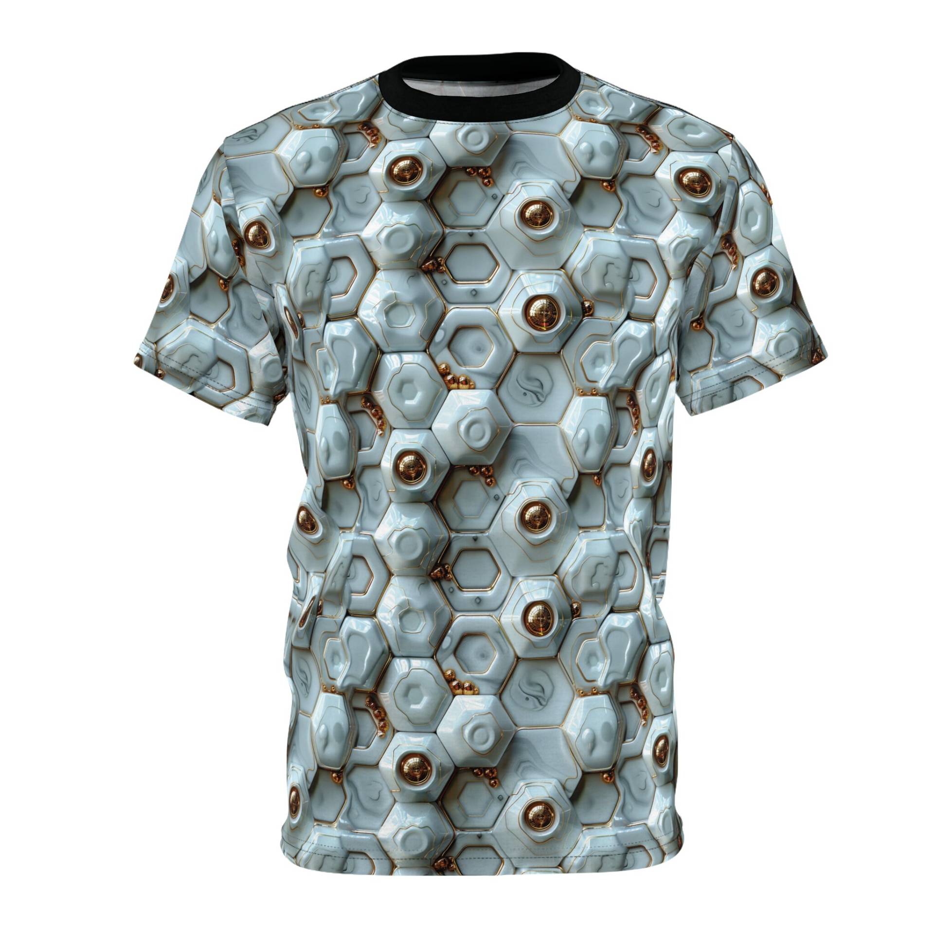 3D T-Shirt, Mechanical Style, Future Design, Gold Elements, Whiteandgold, Fashionforward Modernart, Uniquedesign, Fashionstar, Ravefashion von DreamlandAI