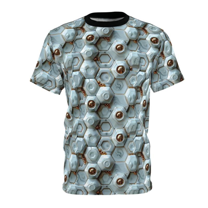 3D T-Shirt, Mechanical Style, Future Design, Gold Elements, Whiteandgold, Fashionforward Modernart, Uniquedesign, Fashionstar, Ravefashion von DreamlandAI