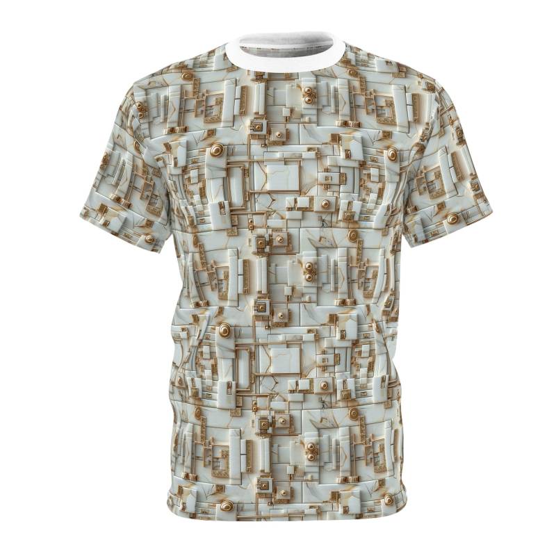 3D T-Shirt, Mechanical Style, Future Design, Gold Elements, Whiteandgold, Fashionforward Modernart, Uniquedesign, Fashionstar von DreamlandAI