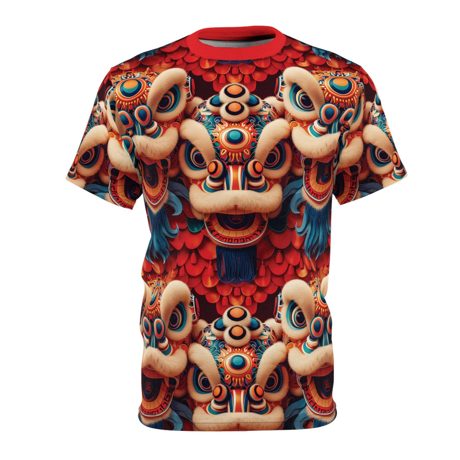 Chinese Lion Dance T-Shirt, Cultural Design, Festive Red Background, Asianinspired, Graphicprint Festiveapparel, Iconicdesign, Vibrantcolors von DreamlandAI