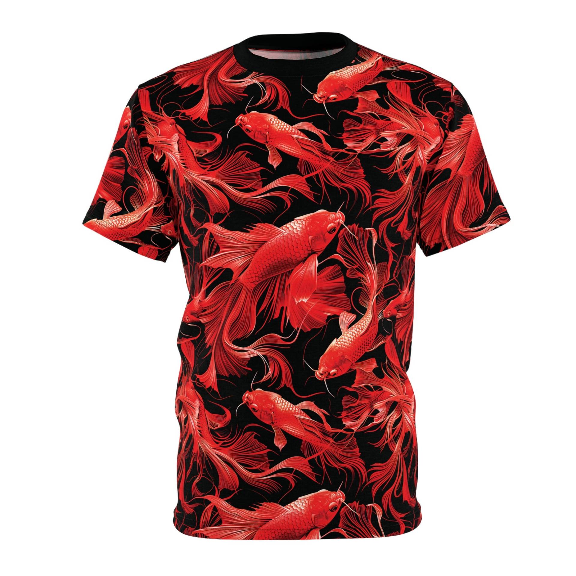 Dynamic Red Fish T-Shirt Illustration Design, Deep Reds, Vibrantcolors, Fashionstatement Statement, Oceaninspired, Contemporarystyle von DreamlandAI