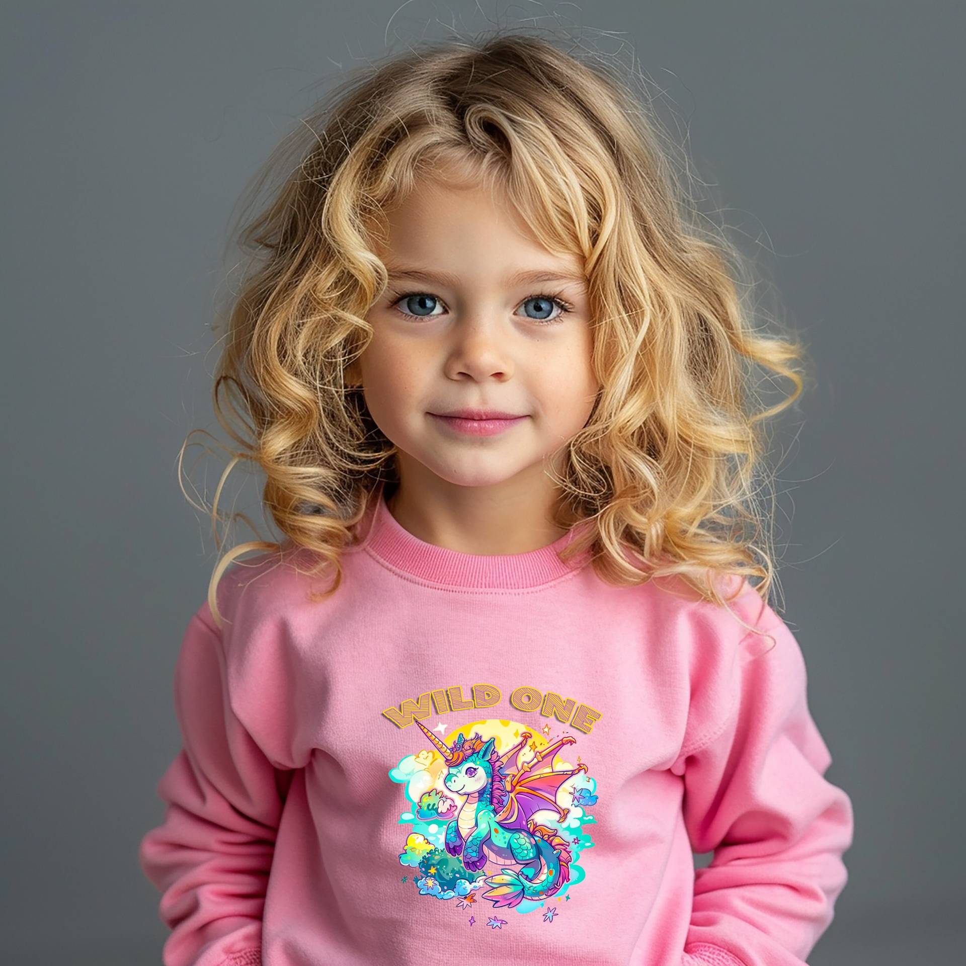 Einhorn-Drache Kinder-Sweater Wild One Design, Kindermode, Fantasie, Abenteuer, Flausch Sweater Einhorn-Drache Kinder-Sweater Wild One Design, Kindermode, Fantasie, Abenteuer, Flausch Sweater von DreamlandAI