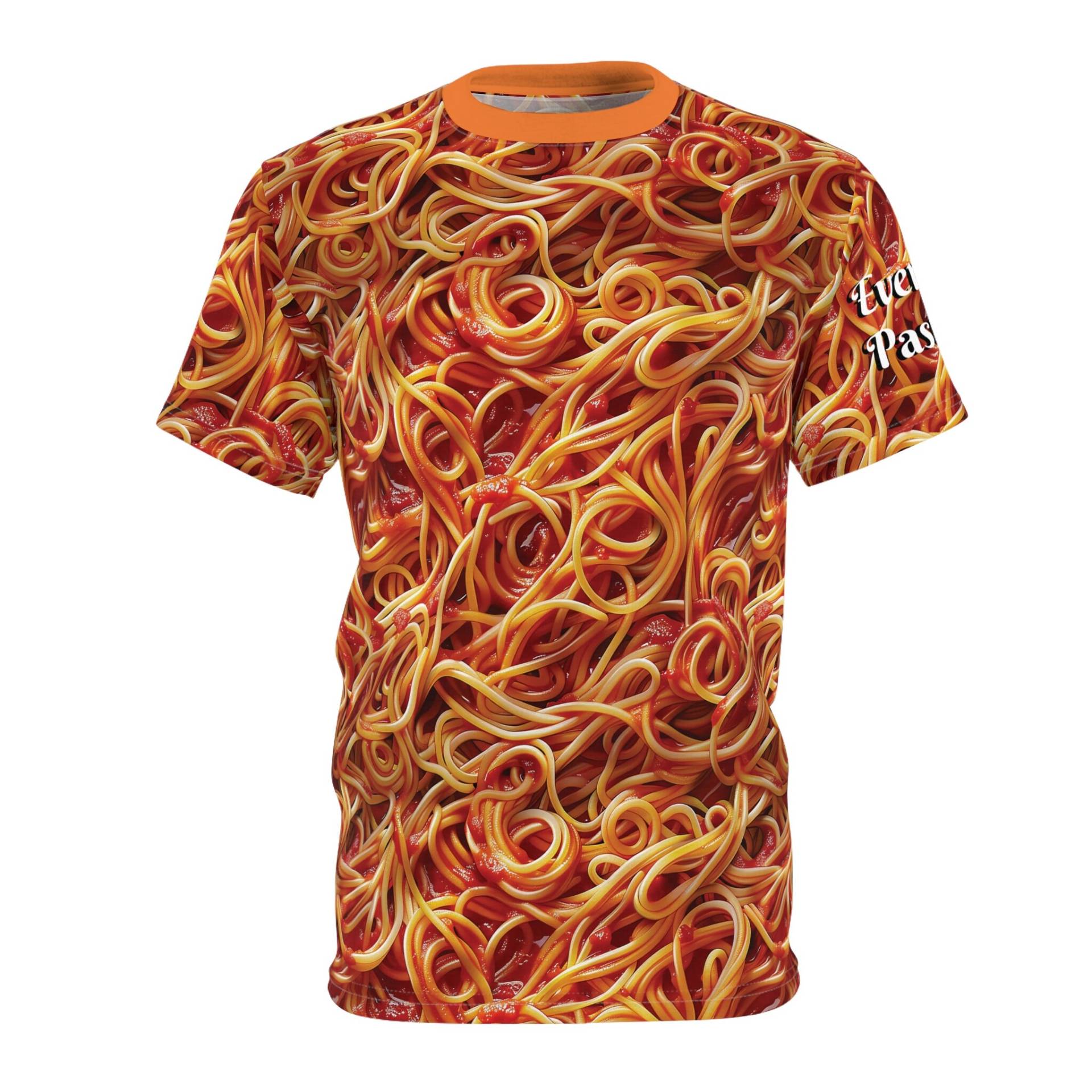 Endless Spaghetti Sea T-Shirt Pasta Pattern, Tomato Sauce Design, Flavorfulfashion, Yummyyellows von DreamlandAI