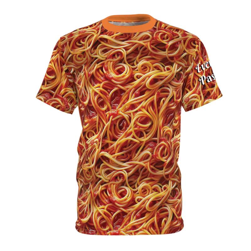 Endless Spaghetti Sea T-Shirt Pasta Pattern, Tomato Sauce Design, Flavorfulfashion, Yummyyellows von DreamlandAI