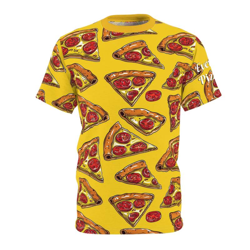 Pizza Party T-Shirt Pattern, Foodie Fashion, Sliceoflife, Flavorfulfashion, Yummyyellows, Pizzaart von DreamlandAI