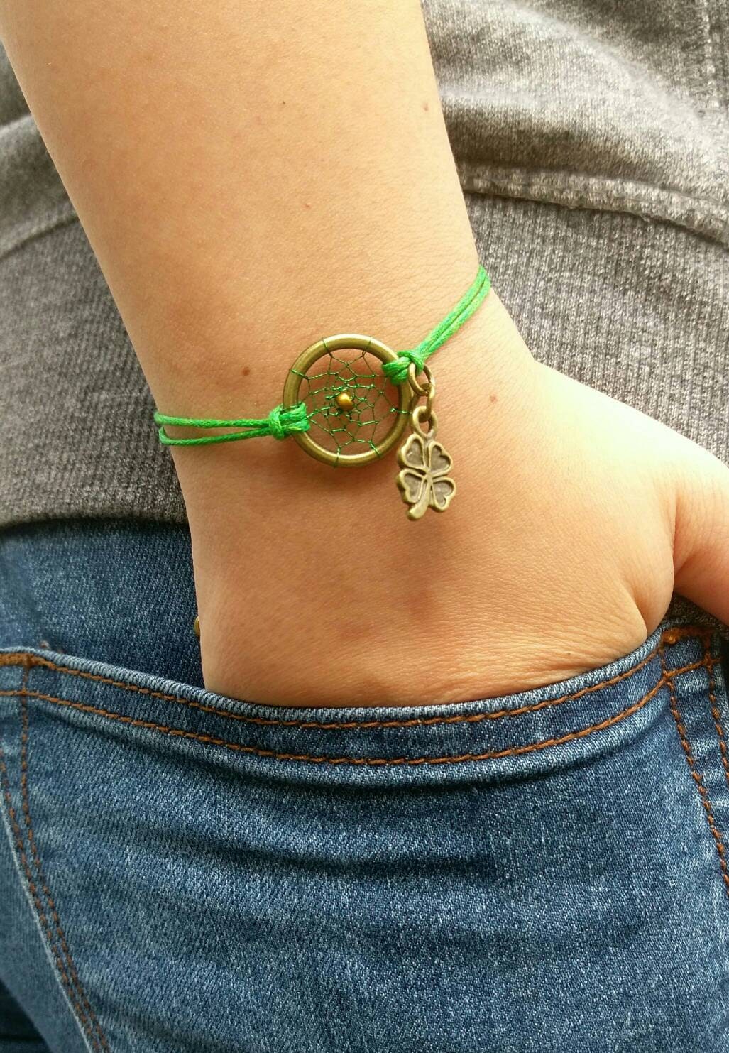 Traumfänger Armband St. Patrick's Day, Grün, Mit Kleeblattanhänger, Bohostyle, Frühling, Verstellbar von DreamlikeD