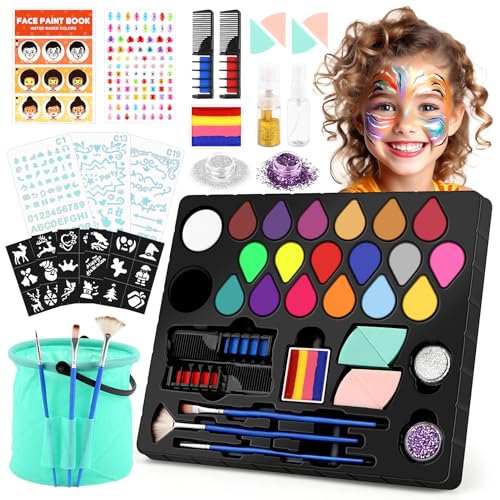 Dreamon Halloween Kinderschminke Set, Schminke Kinder Mit Eimer Glitzer Schablone, Face Body Paint Professionelle Gesichtsfarben Kinderschminken für Den Theaterschminke Halloween Make Up Set von Dreamon