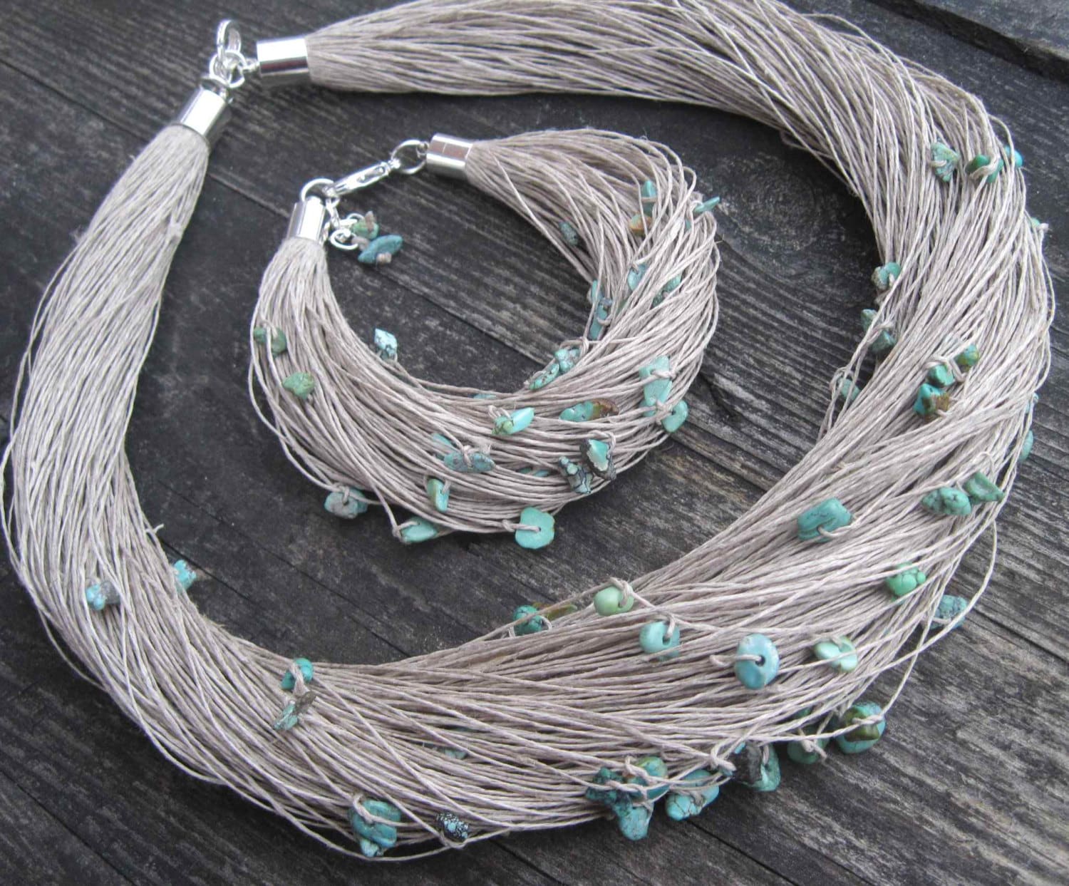 Türkis Leinen Halskette Und Armband Set Natürliche Rohen Edelstein Schmuck Blau Mint Petrol Robins Ei Nest Grau Eco Stil Perlen Faser von DreamsFactory