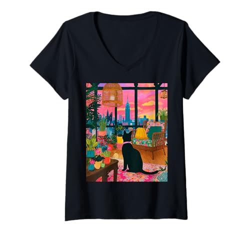 Damen New York City Kunst im urbanen Dschungel mit Katze bei Sonnenuntergang T-Shirt mit V-Ausschnitt von Dreamscape City Co.