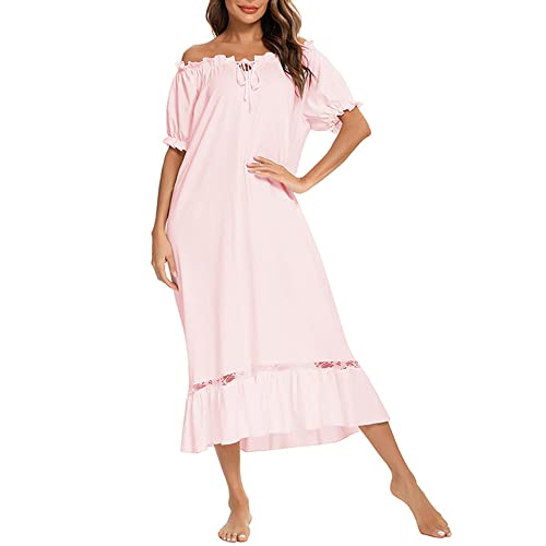 Frauen Vintage Nachthemden Kurzarm Spitze Nachthemd Lange Schlaf Kleid Modal Nachthemd Lounge Kleider, Psln-pink, 42 von Dreamskull