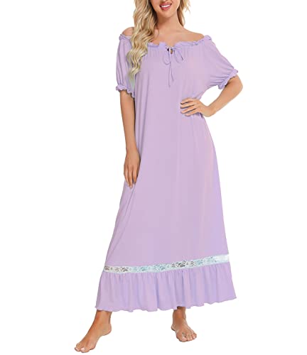 Damen Vintage Nachthemd Kurzarm Spitze Nachthemd Lang Schlaf Kleid Modal Nachthemd Lounge Kleider, Psln-Violett, 42 von Dreamskull