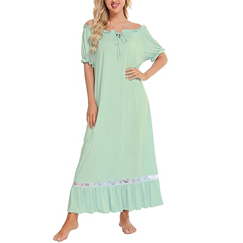 Damen Vintage Nachthemd Kurzarm Spitze Nachthemd Lang Schlafkleid Modal Nachthemd Lounge Kleider, Psln-Grün, 46 von Dreamskull