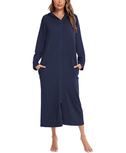 Dreamskull Bademantel Hoodie Sweatshirt Morgenmantel Damen Frauen Maxi Lang Warm Langarm mit Kapuze Reissverschluss Hauskleid Schlafkleid Schlafhemd Nachthemd mit Taschen Loose Fit S-2XL von Dreamskull