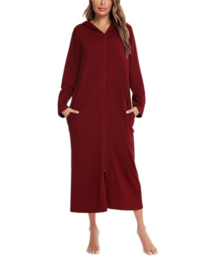 Dreamskull Bademantel Hoodie Sweatshirt Morgenmantel Damen Frauen Maxi Lang Warm Langarm mit Kapuze Reissverschluss Hauskleid Schlafkleid Schlafhemd Nachthemd mit Taschen Loose Fit S-2XL von Dreamskull