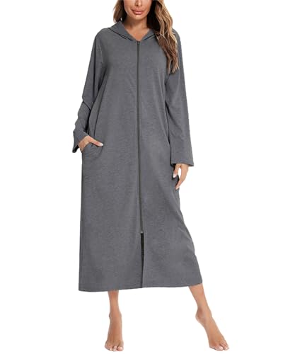 Dreamskull Bademantel Hoodie Sweatshirt Morgenmantel Damen Frauen Maxi Lang Warm Langarm mit Kapuze Reissverschluss Hauskleid Schlafkleid Schlafhemd Nachthemd mit Taschen Loose Fit S-2XL von Dreamskull