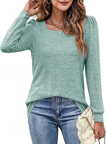 Dreamskull Basic T Shirt Shirts Oberteil Damen Frauen Langarm Elegant U-Boot Ausschnitt Oberteile Bluse Tunika Blusen & Tuniken Langarmshirt Locker Lässig Leicht Herbst Winter von Dreamskull