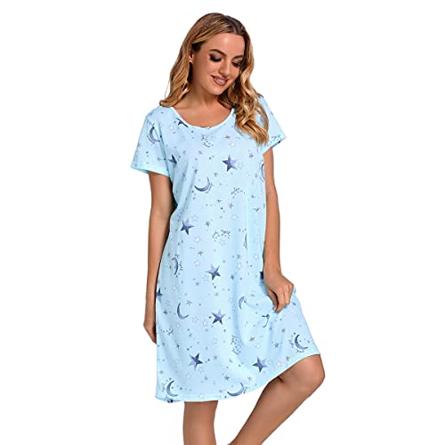 Dreamskull Damen Frauen Langarm Lose Nachthemd Cartoon Stely Nightgowns Home T-Shirt Kleid Herbst Nachthemd Hellblau L von Dreamskull