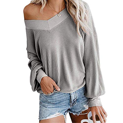 Dreamskull Damen Frauen Pullover Blusen Shirt Longpulli Oberteile Longshirt Bluse Long Locker Elegant Langarm Schulterfrei Tunika Party Stretch Tops T-Shirt (Grau, Small) von Dreamskull