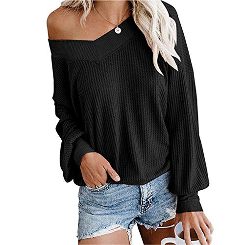Dreamskull Damen Frauen Pullover Blusen Shirt Longpulli Oberteile Longshirt Bluse Long Locker Elegant Langarm Schulterfrei Tunika Party Stretch Tops T-Shirt (Schwarz-Neu, Small) von Dreamskull