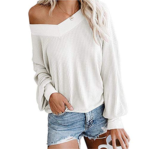 Dreamskull Damen Frauen Pullover Blusen Shirt Longpulli Oberteile Longshirt Bluse Long Locker Elegant Langarm Schulterfrei Tunika Party Stretch Tops T-Shirt (Weiß, Medium) von Dreamskull