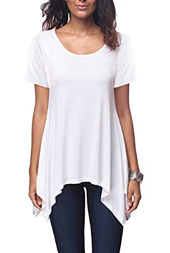 Dreamskull Damen Frauen T Shirts Oberteile Blusen Tops Tunika Tuniken Longshirt Lang Basic Kurzarm Kurzärmelig Asymetrisch Baumwolle Sommer Alltag Casual Locker Lässig S-3XL (L, Weiß) von Dreamskull