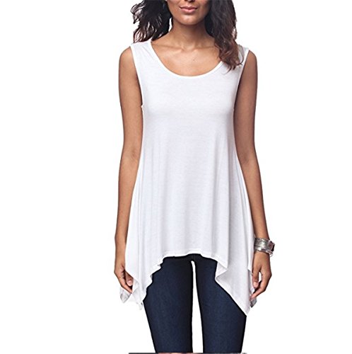 Dreamskull Damen Frauen T Shirts Oberteile Blusen Tops Tunika Tuniken Longshirt Lang Basic Rückenfrei Ärmellos Asymetrisch Baumwolle Sommer Alltag Casual Locker Lässig Stretch S-3XL (M, Weiß) von Dreamskull