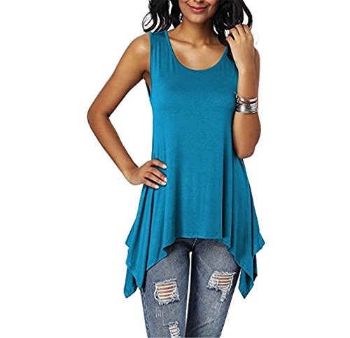 Dreamskull Damen Frauen T Shirts Oberteile Blusen Tops Tunika Tuniken Longshirt Lang Basic Rückenfrei Ärmellos Asymetrisch Baumwolle Sommer Alltag Casual Locker Lässig Stretch S-3XL (L, Blau) von Dreamskull