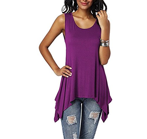 Dreamskull Damen Frauen T Shirts Oberteile Blusen Tops Tunika Tuniken Longshirt Lang Basic Rückenfrei Ärmellos Asymetrisch Baumwolle Sommer Alltag Casual Locker Lässig Stretch S-3XL (L, Violett) von Dreamskull