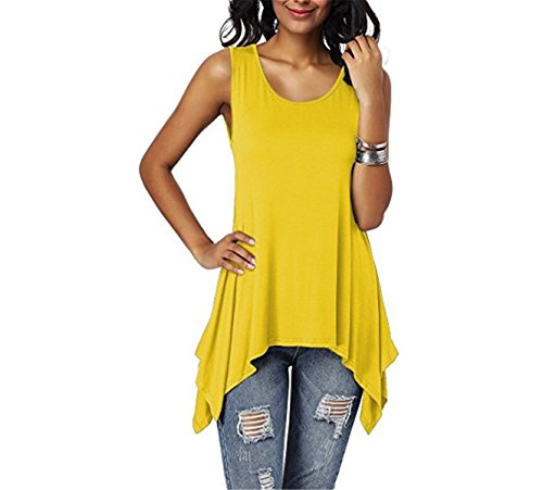 Dreamskull Damen Frauen T Shirts Oberteile Blusen Tops Tunika Tuniken Longshirt Lang Basic Rückenfrei Ärmellos Asymetrisch Baumwolle Sommer Alltag Casual Locker Lässig Stretch S-3XL (S, Gelb) von Dreamskull