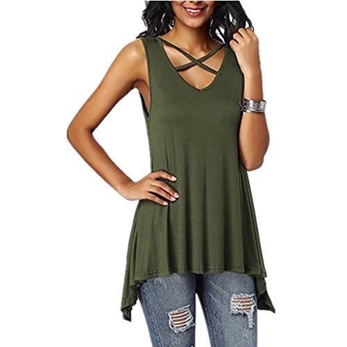 Dreamskull Damen Frauen Tshirts Oberteile Blusen Tops Tunika Tuniken Longshirt Shirtkleider Lang Basic V Ausschnitt Ärmellos Asymetrisch mit Schnürung Vorne Casual Locker Lässig (L, Armee grün) von Dreamskull