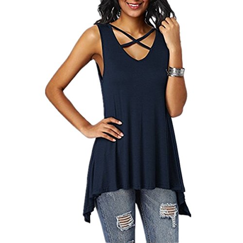 Dreamskull Damen Frauen Tshirts Oberteile Blusen Tops Tunika Tuniken Longshirt Shirtkleider Lang Basic V Ausschnitt Ärmellos Asymetrisch mit Schnürung Vorne Casual Locker Lässig (M, Dunkelblau) von Dreamskull