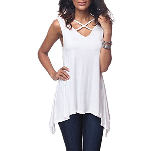 Dreamskull Damen Frauen Tshirts Oberteile Blusen Tops Tunika Tuniken Longshirt Shirtkleider Lang Basic V Ausschnitt Ärmellos Asymetrisch mit Schnürung Vorne Casual Locker Lässig (M, Weiß) von Dreamskull