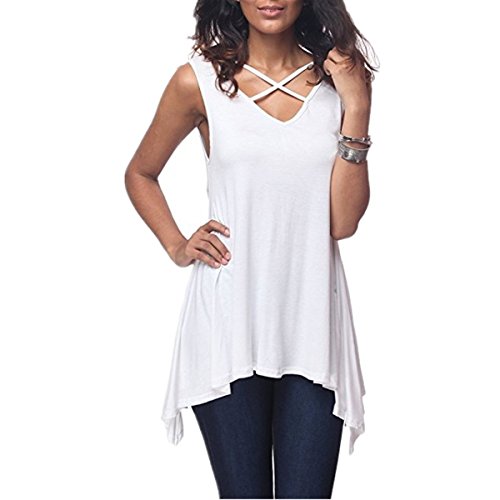 Dreamskull Damen Frauen Tshirts Oberteile Blusen Tops Tunika Tuniken Longshirt Shirtkleider Lang Basic V Ausschnitt Ärmellos Asymetrisch mit Schnürung Vorne Casual Locker Lässig (XXXL, Weiß) von Dreamskull