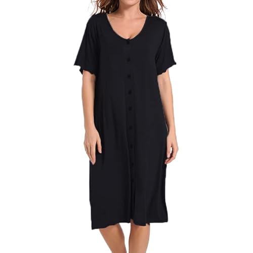 Dreamskull Damen Nachthemden und Nachthemden mit kurzen Ärmeln, UK-Button-Down-Nachthemden für Umstandsmode Nachtwäsche Damen Stillarbeit Nachthemd Lieferkleid Übergröße, Schwarz , 46 von Dreamskull